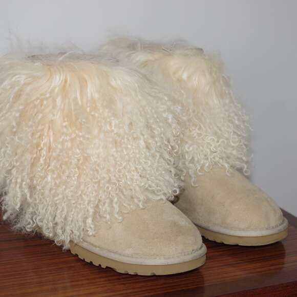 UGG Lida Mongolian Fur Cuff Natural Suede Classic Boots size 5 - Picture 1 of 14
